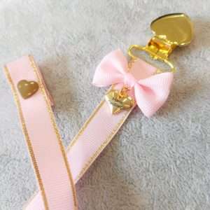 Fita chupeta rosa bebé/dourado com laço rosa bebé